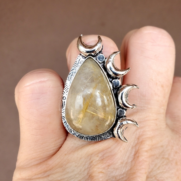 New Witchy Golden Rutile Multi Horned Crescent Moon 925 Silver Ring. - Picture 2 of 12